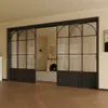Puerta corredera de tres paneles negra retro estilo francés para cocina, sala de estar y balcón, puerta móvil de vidrio de aleación de aluminio