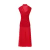 Vestido Largo de Manga Corta con Cuello Alto, Patchwork Plisado, Estilo Europeo y Americano, Nuevo para Primavera, Elegante Vestido Midi, Cumple con Normas Europeas y Americanas