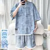 Conjunto de verano para hombre en stock: Conjunto de camiseta de manga corta y shorts tie-dye de seda helada, conjunto de ropa casual de moda para hombre talla grande