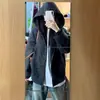 Moletom com Capuz Listrado Cinza Feminino Primavera Outono Inverno 2026 Novo Estilo Coreano Jaqueta Solta Cardigan Curto Top
