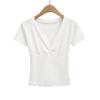 Camiseta Corta de Manga Corta con Encaje y Panelados, Estilo Francés Ajustado, Sexy, Cuello en V, para Mujer 2025, Top Ajustado Fruncido Pura Pasión en el Pecho