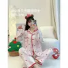Pijama de manga larga para mujer con bloques de color y borde festoneado, para primavera y otoño, con cuello de solapa, diseño de abertura frontal, tela de algodón con estampado de nubes y conjunto de dos piezas