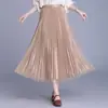 Saia Plissada de Renda de Cor Sólida de Cintura Alta com Elástico, Elegância de Fada, Efeito Emagrecedor, Moda com Caimento Brilhante de Seda, Saia Plissada