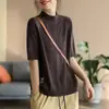 Nuevo Top de Punto Casual Artístico para Mujer Primavera/Verano 2026 de Cuello Alto, Canalé, Holgado, Versátil, Manga Corta, Adornado con Etiqueta