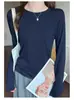 Top de manga larga de color liso para mujer para primavera y otoño, hecho de Tencel y lana, corte ajustado, favorecedor, versátil, cuello redondo, fino
