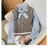 Camisa Listrada Estilo College Tricô Falso Duas Peças Feminino Solto Outono Gola V Francesa Borda Colete Suéter para Mulheres