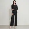 Conjunto de Dos Piezas para Mujer para el Trabajo, Top de Manga Larga a Rayas Verticales y Pantalones de Pierna Ancha, Conjunto Completo de Estilo Ligero y Maduro