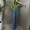 Ahora Ropa de Mujer Coreana Dongdaemun Retro Lavado Cintura Alta Bloque de Color Lateral Pierna Ancha Micro Acampanados Jeans Pantalones Largos 26174