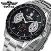 Popular Moda Europeia e Americana Vencedor Masculino Estiloso Casual Calendário Esqueleto Pulseira de Aço Semi-Automático Mecânico Roxo