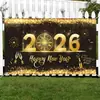 Tecido de Fundo Ano Novo Feliz Amazon Cross-Border 2026 Arranjo Preto Dourado Decoração Bandeira para Foto