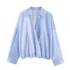 Camisa de Popelina a Rayas Patchwork con Solapa de Manga Larga Estilo Europeo y Americano para Mujer Verano 0257