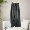 Jeans listrado estilo retro americano de perna larga para mulheres, cintura alta, solto, super estiloso, calça reta compriida para o outono