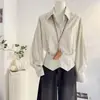 Camisa a Rayas Ceñidora a la Cintura 2026 para Mujer, Diseño Otoñal de Manga Larga con Abertura, Camisa Elegante y Estilosa para el Trabajo, Top Coreano de Hombros Descubiertos