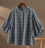 Comércio exterior exportação Ilha Convidado Suprimento fio de algodão duplo xadrez azul gola alta cinco mangas morcego blusa top feminino
