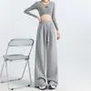 Fotos reales de la nueva colección de otoño: Pantalones deportivos estilo americano para mujer, con cintura alta, efecto adelgazante, corte holgado, tela fluida, diseño de pierna recta y estilo de pierna ancha.