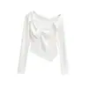 Camiseta Irregular de Manga Longa com Um Ombro Só para Mulheres, Estilo Curto, Design para Primavera e Outono, Cintura com Nó, Emagrecedora, Top Sexy Hot Girl