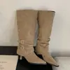 Botas de gamuza con punta, fruncidas y de tacón de bloque para mujer, nuevo modelo otoño e invierno 2026, botas altas y cortas de tacón de aguja de doble uso desmontables