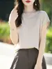 Top de verano para mujer de punto fino con cuello redondo, borde enrollado, manga corta, ligero, transpirable, adelgazante, versátil, simple, camiseta base de punto moderna