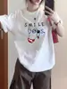 Camiseta de Manga Corta Impresa Ins Trendy de Algodón Puro Americano con Hombro Derecho de Cachorro de Dibujos Animados para Mujer 2025 Nuevo Top Holgado y Versátil