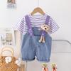 Conjunto de Shorts de Mezclilla con Tirantes de Oso para Niñas Xiaoba Rong Verano Elegante Conjunto de Dos Piezas de Manga Corta Rayado