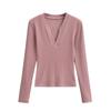 American 2024 Inverno Novas Meninas Quentes Quentes Forrado de Lã Com Decote Em V Manga Comprida Camiseta Feminina Estilo Europeu e Americano Cor Sólida Top Slim