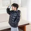 Jaqueta Infantil Grossa com Capuz Removível 90% Penugem Estilo Curto para Meninos e Meninas Inverno Novo Brilhante Tamanhos Médio e Grande