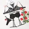 Lencería Sexy de Cuello Halter con Ribete de Encaje Corsé Cintura Ballenas Push-up Conjunto de Cinco Piezas Lencería Separada Bodycon