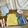 Conjunto de Dopamina para Niñas de Verano: Conjunto de Dos Piezas para Niñas: Chaleco con Cuello y Shorts tipo Bud de Imitación Denim