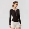 Ropa de Yoga para Mujer Henley Cuello Lyocell Adelgazante Manga Larga Top Deportivo Running Entrenamiento Botón Ropa de Fitness Mujer