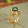 Um Veado Prata S925 Prata Esterlina Banhado a Ouro Jaspe Hetian Retrô Saco Ruyi Anel Redondo Elegante Anel Versátil