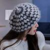 Gorro de lana de conejo cálido para otoño e invierno, moda femenina, gorra de pintor casual a cuadros retro, gorra de repartidor estilo western calabaza