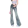 Jeans Vintage com Barra Micro-flare Feminino Versátil Cintura Baixa Spice Girls Calças Stretch Slim com Coxa Desgastada