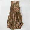 Vestido Casual de Algodão Puro com Estampa Digital Nova, Gola Redonda, Sem Mangas, Comprimento Médio, Para Mulheres, Verão na Praia