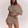 12238 Moda femenina transfronteriza europea y americana: un conjunto popular, sexy, corto, asimétrico y a rayas de top y shorts