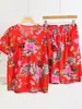 Conjunto de Pijama de Algodón y Seda con Flores Grandes del Noreste para Mujer Talla Grande Holgado Casual Ropa para el Hogar Moda Elegante Ropa de Aire Acondicionado para Mujer