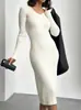 Vestido de Punto Ajustado de Manga Larga con Cuello en V, Nuevo Estilo Europeo y Americano, Color Sólido, Canalé de Lana, Vestido Básico Largo para Otoño e Invierno