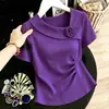 92% algodão, 8% elastano, design de rosa tridimensional estilo francês, gola assimétrica inclinada, camiseta de manga curta para mulheres, top de verão estiloso e versátil