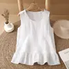Nova Camiseta Casual Lisa de Verão 2026, Algodão-Linho, Bainha Ligeiramente Franzida, Borda Franzida, Gola Redonda, Sem Mangas, Colete Artístico