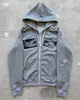 Cardigan com Capuz Estampa de Padrão Manual de Arte de Nicho Cinza Ombro Caído Solto Zíper Hoodie Jaqueta Casual