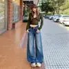 Jeans retro de pierna ancha lavados en azul para mujer, tendencia de primavera y otoño, nuevos pantalones rectos holgados versátiles que adelgazan, de tiro bajo