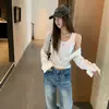 Camisa branca estilo coreano de duas peças falsas, nova para o outono, manga longa, gola dobrável, modelagem slim, acinturada, top versátil para o dia a dia 26272
