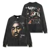 Camiseta de Manga Corta con Estampado de Tupac Estilo Retro Americano Transfronteriza Sudadera con Capucha Holgada Pesada Vintage de Cuello Redondo para Hombre y Mujer