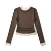 BT716-23 invierno Nuevo estilo europeo y americano top de dos piezas falsas de color contrastante cuello redondo manga larga con pliegues laterales camiseta ajustada