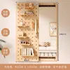 Perchero de Madera Maciza con Espejo de Vestir Integrado, Estante de Almacenamiento para Montar en Puerta, Espejo de Cuerpo Entero Deslizante para Montar en Pared para Recibidor
