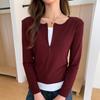 H401 Spot Otoño Nuevo Cremallera Invisible Falso Dos Piezas Camiseta de Manga Larga para Mujer Casual Plisado Camisa Base Top