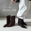 Novas botas de salto alto para outono e inverno, botins versáteis de bico fino em couro genuíno, botinhas estilo francês de salto grosso, botas retas simples e elegantes