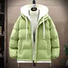 Jaqueta de algodão masculina moderna para outono e inverno, espessa, solta, estilosa, casaco de algodão com capuz estilo duas peças falsas, jaqueta puffer masculina