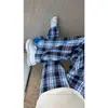Calça casual masculina xadrez de perna reta, nova coleção primavera/outono, modelagem solta, calça longa fluida, calça xadrez azul moderna e versátil