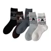 Meias de Lã para Mulheres, Meias de Cano Médio com Desenho de Urso Cartoon Fofo Estilo Japonês, Meias Quentes para Outono e Inverno, Meias Slouch Retro Fair Isle
