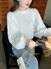 Camisa blanca holgada de estilo francés con mangas abullonadas para mujer, elegante, chic, diseño dulce, top de cuello redondo, estiliza y versátil